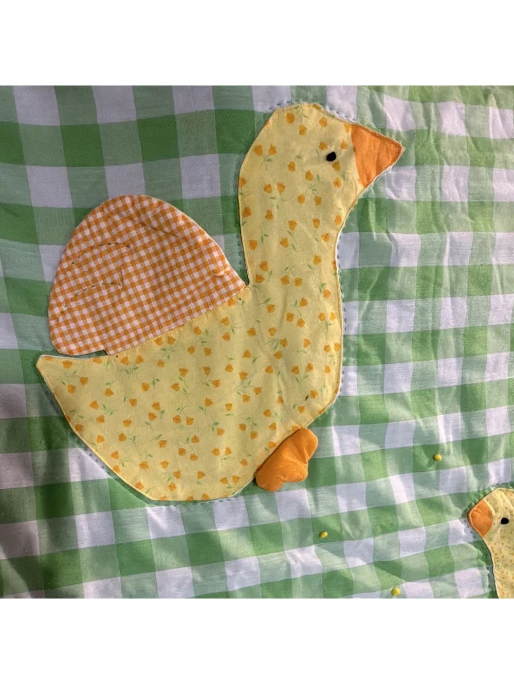 Vintage Handmade Crib Quilt Green & White Gingham Duck Appliqué Quilted 1991